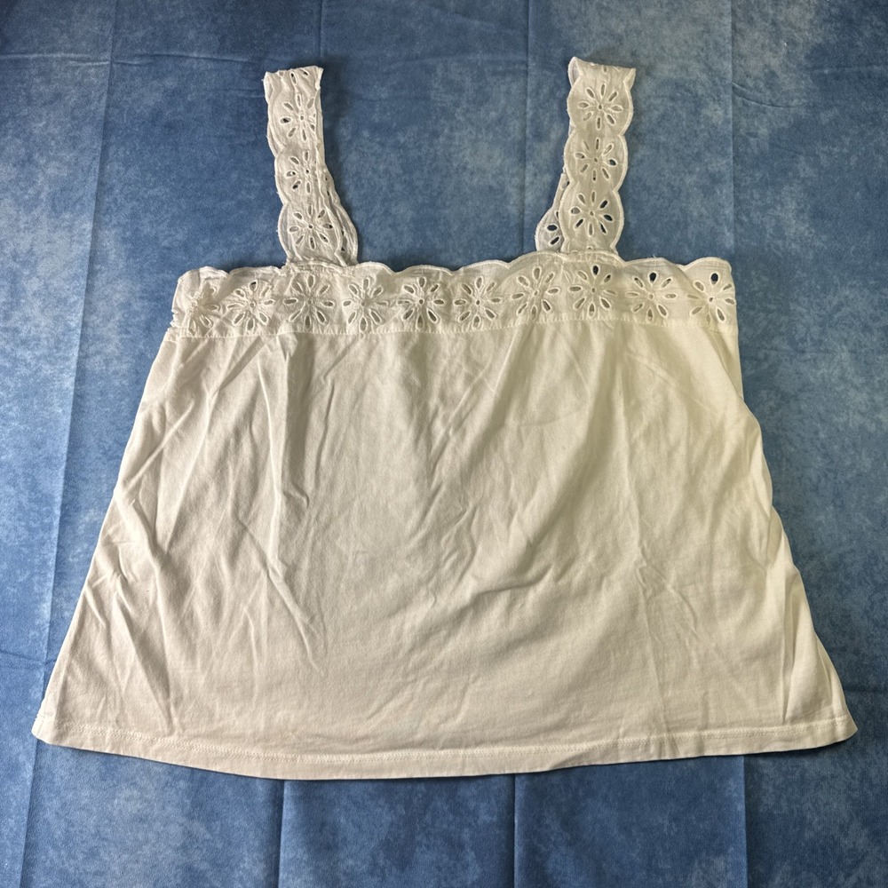 LOFT Womens Large White Floral Eyelet Lace Trim Square Neck Tank Top
